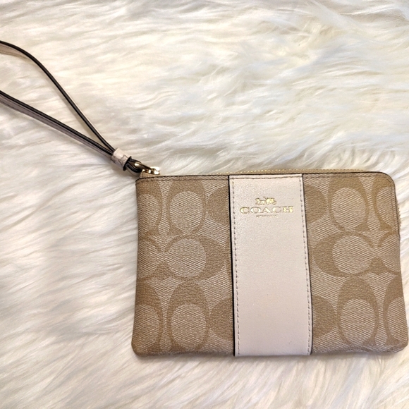Coach Handbags - Coach Signature PVC Leather Corner Zip Wristlet Beige White